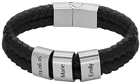 Heideman Herren Lederarmband Elian 2 Gravurplättchen silber | Elian Herren-Lederarmband, geflochtenes Leder, silberne Gravurplättchen, personalisierbar, Magnetverschluss, für Männer