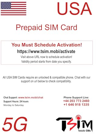TSIM USA SIM Card 30 Days with Call Home | High Coverage | Unlimited Data on AT&T Network | Unlimited Local + International Call/Texts in USA (including Alaska) 5G SIM Card!