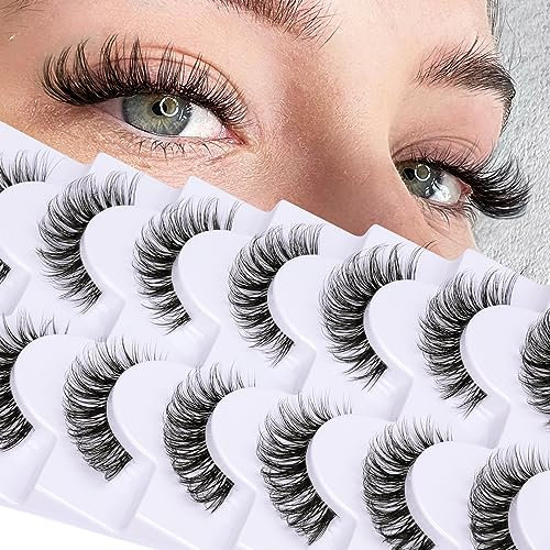 Goddvenus False Eyelashes - Natural Look Wispy CC Curl Russian Eyelashes, 14mm Clear Band Strip Lashes That Look Like Extensions, Cat Eye Lashes - Pack of 7 Pairs