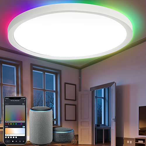 Ikodm 24W 2040LM Alexa Lampe Deckenlampe Deckenleuchte Smart Dimmbar Kompatibel mit Alexa & Google 2700K-6500K, Farbwechsel Flach Schlafzimmer Lampe, IP44 für Kinderzimmer Badezimmer