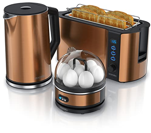 Arendo - Wasserkocher mit Toaster SET und Eierkocher, Edelstahl Kupfer Wasserkocher 1,5L 40° - 100°C, Toaster 4 Scheiben LED-Display 6 Bräunungsgrade Eierkocher 1-7 Eier Messbecher BPA frei