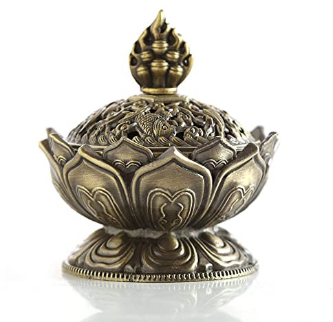 Mini Räuchergefäß Lotus Bronze Zink-Legierung, Räucher-Schale mit Deckel, Räucher-Gefäß für Kohle, auch für Räucher-Stäbchen oder Räucher-Kegel, für Heim und Büro Dekoration, S (Bronze)