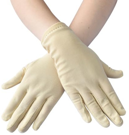 Yurosiay Satin Handschuh Damen Kurz Stretch Satinhandschuhe Abendhandschuhe Dünn Atmungsaktiv Opera Handschuhe Tanzhandschuhe Party Handschuhe für Hochzeit Bälle Teeparty Bankette 22x9cm Beige