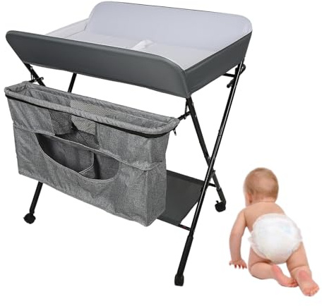MUL-BOUTIQUE Wickeltisch, faltbar, abnehmbarer Wickeltisch mit Ösen und Aufbewahrungskorb, tragbar, höhenverstellbar, für Babys, 80 x 66 x 98 cm (grau, 80 x 63 x 99 cm)