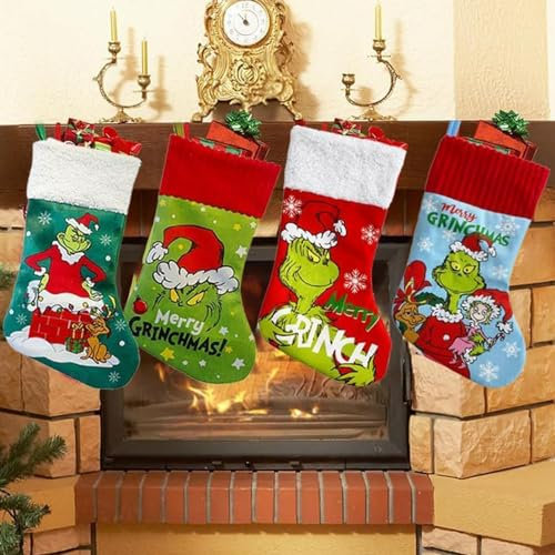 Oimaik 4PCS Personalised Christmas Stockings, Grinchs Christmas Stocking, Xmas Tree Decoration, Knitted Grinch Monster Xmas Stocking Gift Bag, Fireplace Hanging Ornament Party Christmas Decoration