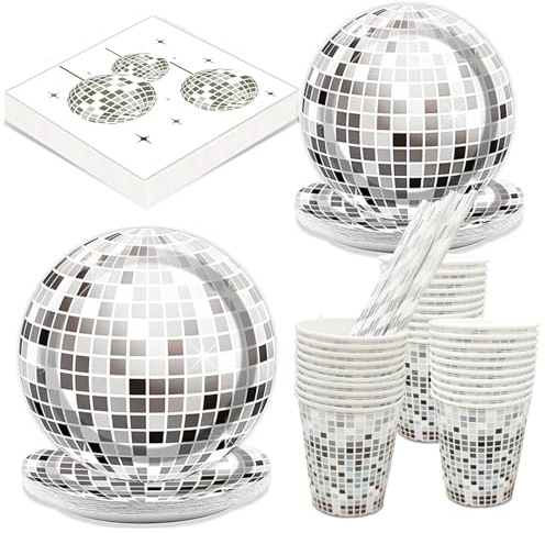 120 Stück Discokugel Partygeschirr Set,Disco 70er 80er Jahre Retro Party Geburtstagsdeko Partygeschirr，Discokugel Pappteller becher Servietten Set Disco Mitzvah Abschlussfeier Dekoration Pappgeschirr