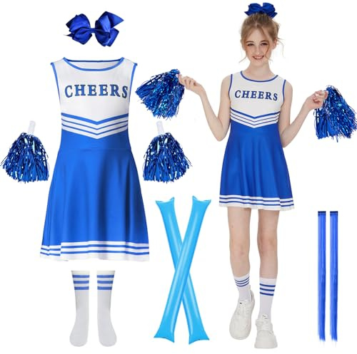 JONRRYIN Disfraz Cheerleader Niña, Disfraz Animadora Niña, Traje Animadora Niña con Pompones Animadora y Calcetines, Disfraz de Carnaval o Evento Deportivo para Niños 7-12 Años (Azul, 140CM)