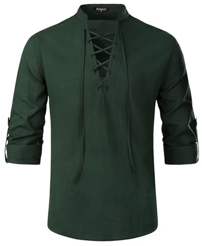 Enlision Camicia di Lino Estiva da Uomo Camicia Casual a Maniche Lunghe Henley con Scollo a V Costume Medievale retrò Camicia da Pirata Vichingo Army Green L