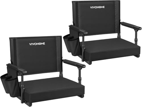 VIVOHOME Sièges de Stade Portables et Pliants avec Dossier Haut Réglable et Coussin Rembourré Lot de 2 Chaises Confortables avec Porte-gobelet pour Sports Extérieurs, Plage ou Pêche Noir