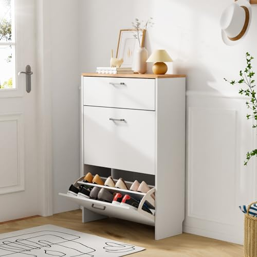 VINGLI Shoe Cabinet Storage for Entryway Ultra Slim with 2 Flip &1Drop-Down Drawers, 24.8 W Narrow Shoe Cabinet for Front Door Entrance,Freestanding Modern White Wood Shoes Organizer for Hallway