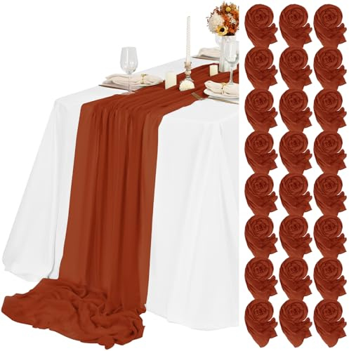 Lot de 24 chemins de table en étamine, couleur terre cuite - 3 m - Style rustique et bohème - Décoration de table pour mariage, fête prénuptiale