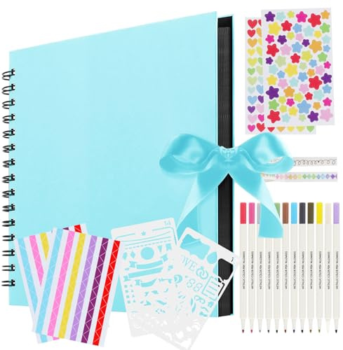 Album Fotografico Fai da Te, Scrapbooking Albums 80 Pagine Nero con 12 Pennarelli Metalliche, Spirale Album Foto Scrapbook per Nozze Battesimi Ricordi di Famiglia - Azzurro
