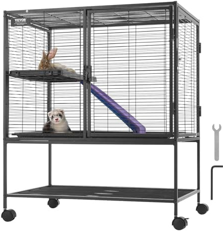 VEVOR Gabbia per Animali in Metallo Rotelle 920 mm, Grande Gabbia a 2 Livelli, Facile Installare Gabbia per Animali con Rampe e Vassoio, Ruote Bloccabili, Ampio Ripiano di Stoccaggio