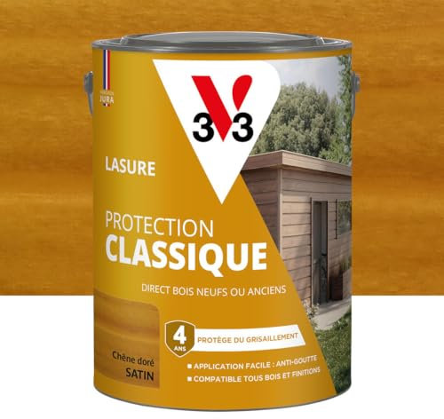 V33 Lasure Bois extérieur Chêne doré - Protection Classique 4 ans - Protège du grisaillement - Direct bois neufs ou anciens - Texture anti-goutte - 5L