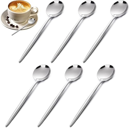 Lot de 6 petites cuillères à café rondes en acier inoxydable argenté pour thé, café, dessert (14 cm)