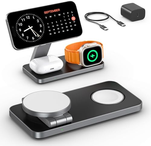 Keepro 3 in 1 Wireless Charging Station for iPhone Magnetic Portable, Fast Wireless Charger Stand for iPhone Air/17e/17/16/15/14/13/12, AirPods Pro 3 2 Apple Watch (Adapter Included)-Black+White