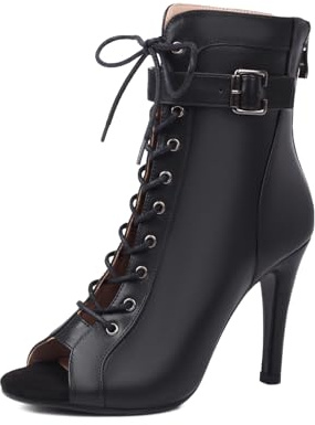 VCIXXVCE Stivali da Ballo Latino Nero Americano Donna con Punta Aperta Lacci Stivaletti da Ballo Jazz Salsa Bachata con Tacco Alto, 40 EU