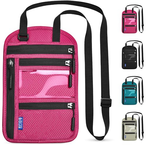 Yordawn Brustbeutel Brusttasche Herren Dame mit RFID-Schutz Wasserdicht Reisegeldbeutel Reise Sicherheitstasche mit Verstellbarem Halsriemen für Karten Reisepass (Rosenrot)