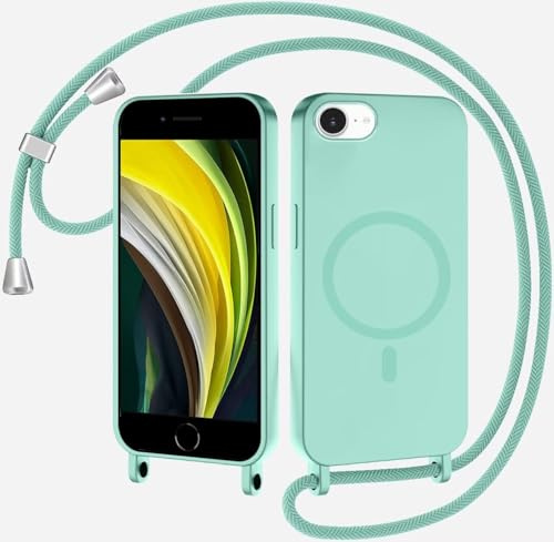 SLWYF Magnetische Handykette für iPhone 6/7/8/SE 2020 Hülle mit Band, Handyhülle Kompatibel mit MagSafe, Silikon Seil Necklace Handyhülle PU Stoßfest mit Abnehmbar Kordel zum Umhängen Case - Minzgrün