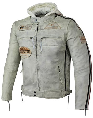 Herren Motorradjacke Lederjacke Biker Jacke mit Protektoren Leder Jacke mit Kapuze Leather Jacket Fashion Jacket Custom (DE/NL/SE/PL, Alphanumerisch, L, Regular, Regular, Weiß)