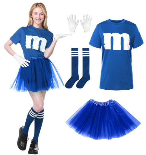 Alaiyaky M und M Kostüm Damen, M Aufdruck Tshirt Faschingskostüme Damen Lustig GruppenKostüm M T Shirt mit Tutu Handschuhe Streifensocken, Karneval Kostüm MM Outfits für Faschings (Blau, S)