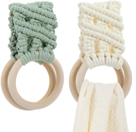 Matwsec 2 Pcs Knit Kitchen Towel Holder, Boho Handmade Crochet Kitchen Towels with Hanging Loop, Kitchen Towel Hook for Cabinet House Oven Stove Door Housewarming Gifts (Beige, Avocado Green)