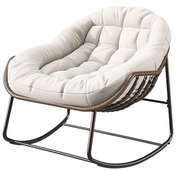 Marooma Silla mecedora para exterior con cojín, silla de ratán, sillón de lectura con cojín de tela, tumbona, adecuada para porche y jardín, 90x105x80cm (tejido de poliéster, beige)