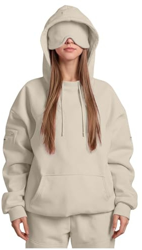 Ewleguzka Travel Hoodie with Eye Mask Built In,Comfrt Airplane Wearable Blanket Hoodie for Adults Men Women 4 Pockets Beige
