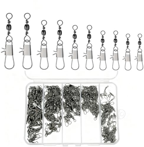 Xynovate 150 Stück Angel Wirbel Set, Angeln Kugellager Wirbel, Angeln Barrel Wirbel mit Kugellagerwirbel fur Salzwasser Wirbel, Angelzubehör Wirbel 5 Größe 7# 8# 10# 12# 14#