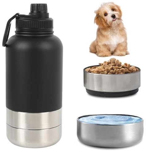 Pets Hundetrinkflasche für Unterwegs, 950ml Isolierte Edelstahl Trinkflasche Hunde mit Futterbehälter Wassernapf & Tragegriff, Tragbare Hundeflasche BPA-frei für Reise Spaziergang & Outdoor, Schwarz