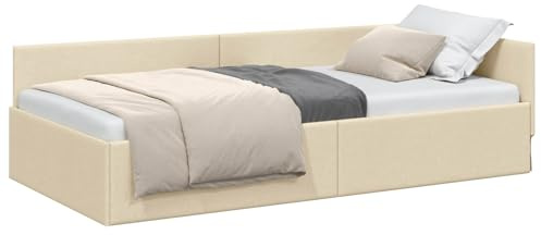 vidaXL Eckbettgestell mit Kopfteil Creme 100 cm x 200 cm Stoff