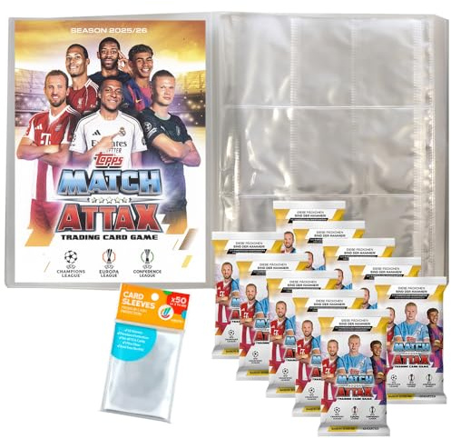 Bundle mit Match Attax Champions League Trading Cards - 1 Leere Sammelmappe + 10 Booster + Exklusive Collect-it Hüllen (2025/26)