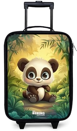 NoBoringSuitcases© Kinderkoffer Klein Reise Trolley Reisekoffer Kleiner | 48x31x19 cm - Kinder Koffer mit LED Rollen Kindertrolley Panda - Bambuswald - Grün
