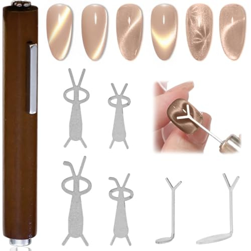 YAYNO 7 Pezzi 3 In 1 Cat Eye Set di Magneti per Unghie Strumento Versatile per Nail Art con Impugnatura in Legno Magneti a Forma di Cuore e Coniglio per Unghie Fai-da-te Magneti a Strisce Lunghe