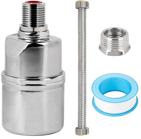 DBREAKS 3/4 Zoll Automatisches Schwimmerventil 304 Edelstahl Oberer Einlass | Wasserstandsregelventil für Wassertank Pool Wasserstandsregelung, mit 30cm Wellrohr und Wasserhahn-Dichtungsband