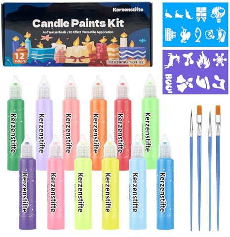 12pcs Matite a cera da 30 ml, Set di matite per candele, con adesivo, pennelli da disegno,12 colori, matite a cera per candele, per decorare il fai da te, dipingere, tazze, pittura in ceramica