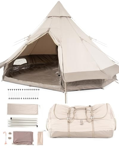 qeedo Cone 4/8 Tipi-Zelt - TC (Baumwolle + Polyester) - 4 oder 8 Personen - 350x350x230 / 450x450x300 cm - UV-Schutz 80+ - 2 Eingänge - Dachbelüftung mit Mückenschutz - PVC-Boden - Alu-Teleskopstange