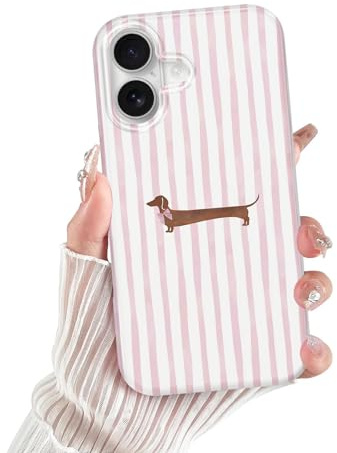 Xylota Cover per iPhone 16, Estivi Righe Striped Disegni Aesthetic Collage Cane Custodia, Sottile Silicone Morbida TPU Antiurto Antigraffio Protettiva Case per iPhone 16, Rosa Stripes