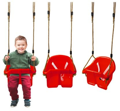 BABY TODDLER GARDEN PLASTIC SAFE SWING SEAT FOR CHILDRENS CLIMBING FRAME PLAYHOUSE WITH ROPES HANGING BUCKET SAFE STRAPS DIY PLAYGROUND RED
