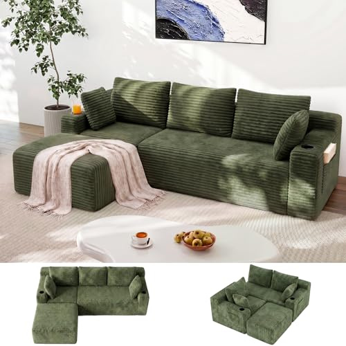 HAUSPROFI Ecksofa l-Form mit Getränkehalter & Seitentaschen, Boneless Couch,Modulares Sofa 5 Kissen,Cord Couch mit Schlaffunktion, Cord Sofa für Wohnzimmer, 266 x 170 x 83cm, 3‑Sitzer,Grün-A