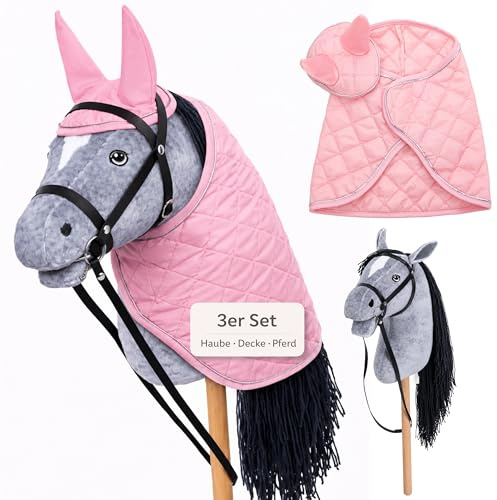 Hoofly® Hobby Horse Set – Großes Steckenpferd für Kinder mit Decke & Fliegenhaube | Komplettes Hobby Horsing Set mit Trense & 35 cm Schraubstab | Graues Pferd – Pinkes Zubehör