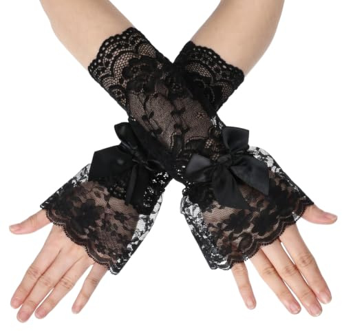 Sorcristy Women Black Ruffle Bow Lace Gloves Fingerless Hand Elastic Sleeve