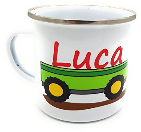 Kilala personalisierte Emaille-Tasse Traktor mit Name - Namenstasse Trecker Schlepper -Kindergartentasse für kleine Landwirte und Treckerfahrer I Blechtasse