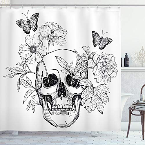 ABAKUHAUS Blumen Duschvorhang, Schädel Schmetterlinge, mit 12 Ringe Set Stielvoll Modern, 175x200 cm, Schwarz und weiß