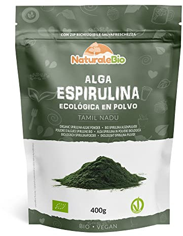NaturaleBio Alga Espirulina Ecológica En Polvo 400g. Orgánica, Natural y Pura, Cultivada en regiones tropicales asiáticas. Ideal en bebidas y batidos, o recetas. Apto para vegetarianos y veganos.