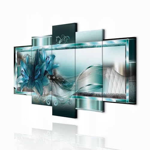 decomonkey Bilder Blumen Abstrakt 225x112.5 cm 5 Teilig Leinwandbilder Bild auf Leinwand Wandbild Kunstdruck Wanddeko Wand Wohnzimmer Wanddekoration Deko Lilie blau
