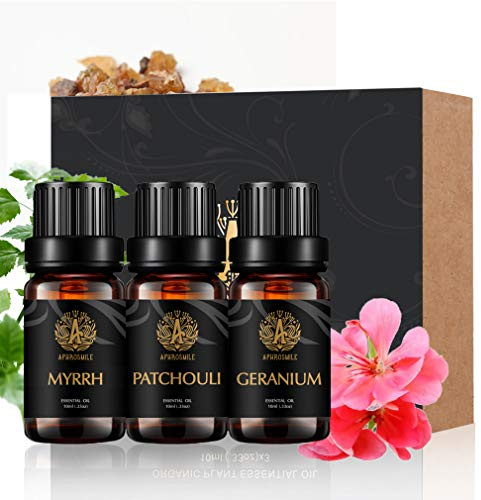 Aromatherapie Myrrhe ätherisches Öl Set für Diffusor, 3X10ml 100% pure Patchouli ätherisches Öl Kit für Kerzenherstellung, therapeutische Qualität Geranium ätherisches Öl Set für Massage
