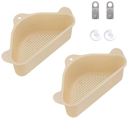 Koomuao Spülbecken Organizer 2 Stück Dreieckiger Filterkorb für Spülbecken- Seiher Sieb Set,Waschbecken Filterablage Abflusskorb Lagerregal für Gemüse/Obst Küche Sieb Teesieb (Beige)