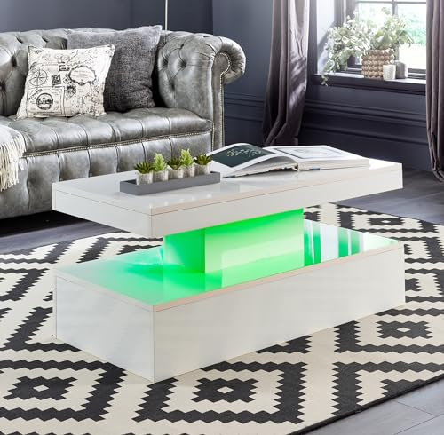 MMT Furniture Designs Ltd Table basse blanche avec lumières LED pour salon moderne, deux étagères de rangement design 100cm x 50cm x 39cm alimenté par batterie