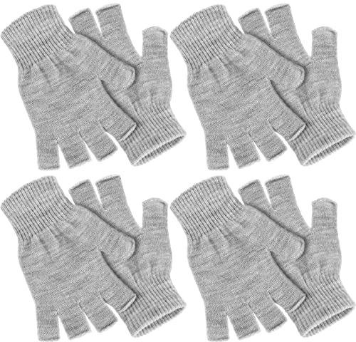 SATINIOR 4 Pairs Winter Half Finger Gloves Knitted Fingerless Mittens Warm Stretchy Gloves for Men and Women (Light Grey)
